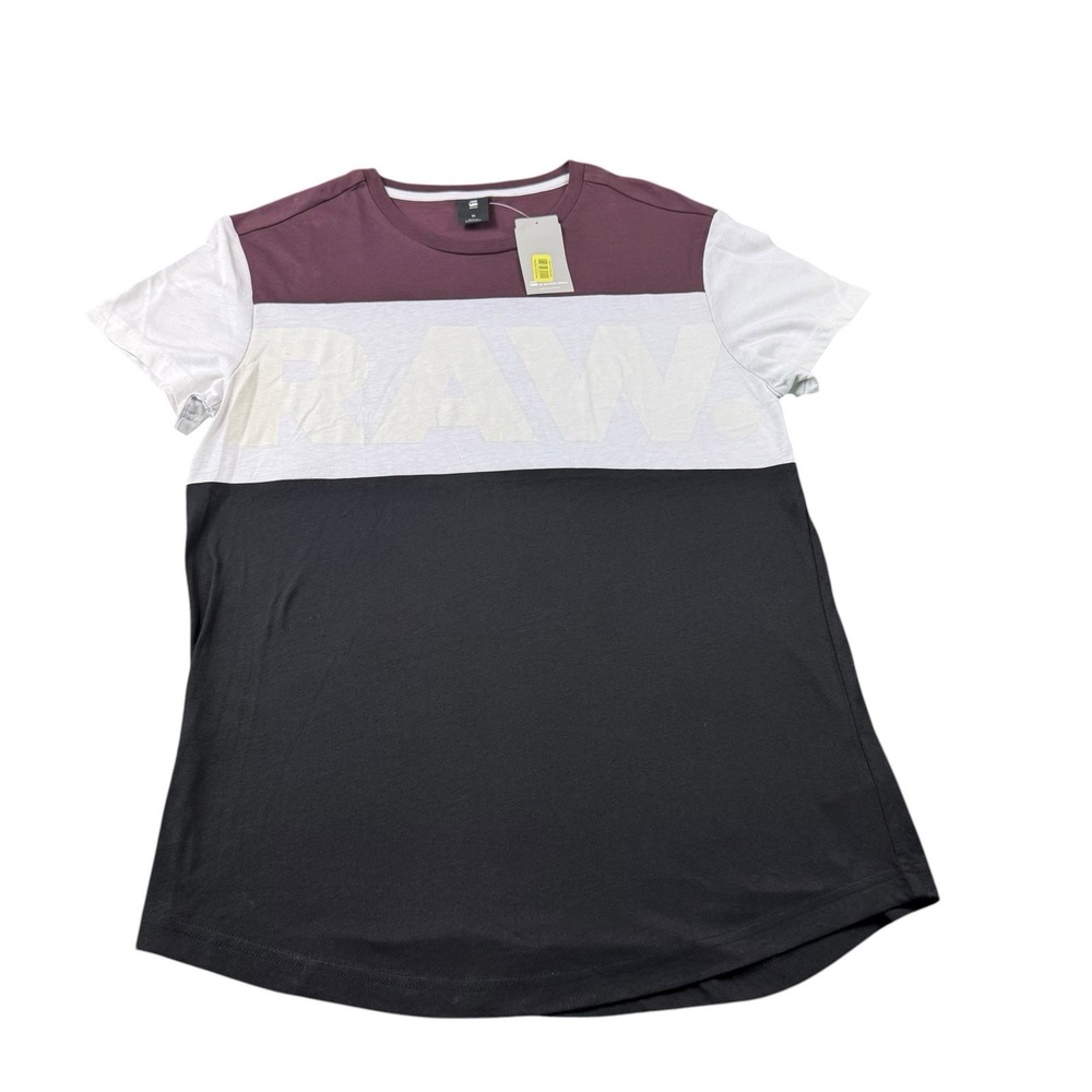 G Star Raw Mens Colorblock RAW Spellout T Shirt Dk Fig Black White Size M NWT